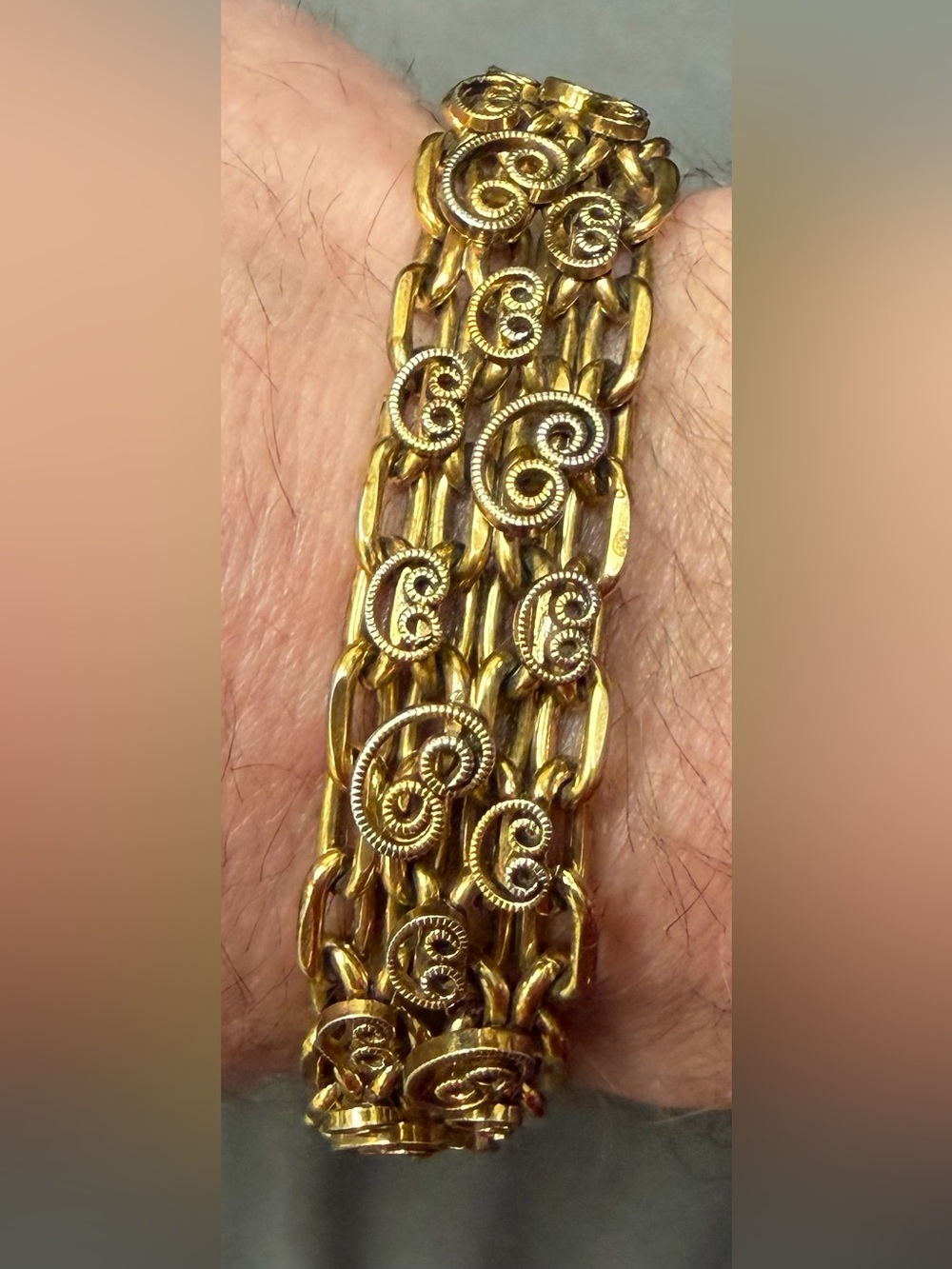Vintage 1960s Gold Tone Link Chain Bracelet Silver Scroll Paisley Mid Century